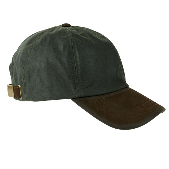British Waxed Cotton Baseball Cap Genuine Leather Peak Adjustable Strap Water Resistant ZH009 OLIVE
