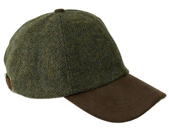 Casquette de baseball en tweed de laine britannique en cuir véritable avec visière réglable, sangle entièrement doublée ZH101 GREEN HERRINGBONE