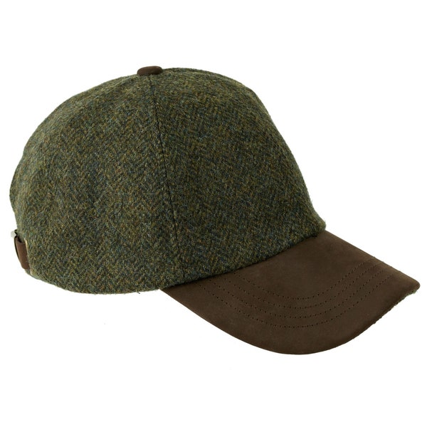 British Wool Tweed Baseball Cap Genuine Leather Peak Adjustable Strap Fully Lined ZH101 GREEN HERRINGBONE