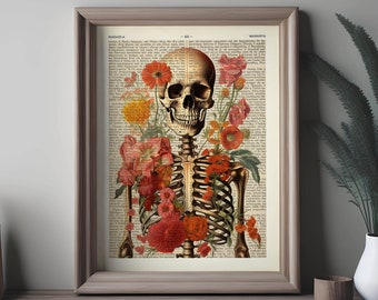 Vintage Floral Skeleton Print, Antique Giclee Poster Botanical wall art Living room Decor Office Anatomy Gallery wall workshop wall hanger