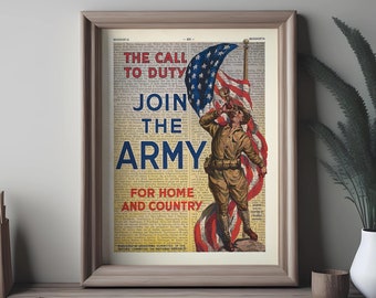 The Call to Duty Print, USA Recruitment Propaganda Poster Retro Wall Hanger Father's day wall art Decor Inspirational Patriotic gift for him