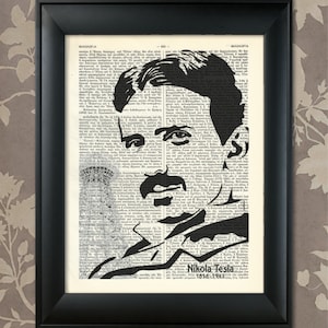 May include: Black and white portrait of Nikola Tesla, a famous inventor and engineer, printed on a vintage book page. The text on the page includes his name and the years 1856-1943.