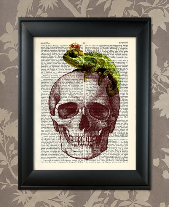 Chameleon on Skull, Skull Print, Chameleon Print, Skull Art, Chameleon Art, Surrealistic Art, Fantasy Print, Fantasy Art,Day of the Dead Art