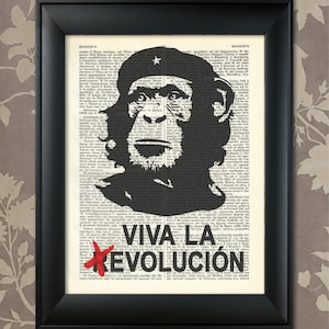 Puede incluir: Ilustración en blanco y negro de un mono con un gorro rojo con una estrella. El mono mira hacia adelante con una expresión seria. El texto "VIVA LA REVOLUCIÓN" está impreso en negro debajo de la cabeza del mono.