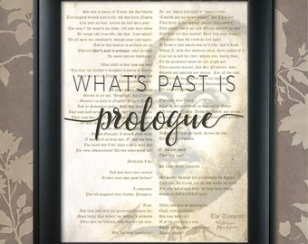 May include: A framed print of a vintage play script, "The Tempest" by William Shakespeare. The text is in black and white, with a brown background. The title of the play is written in a large, bold font at the bottom of the page.