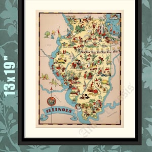 Illinois 1935, carte picturale, art de l'histoire de l'Illinois, impression de carte de l'Illinois, décor de l'Illinois, carte historique, impression historique, art historique