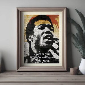 May include: Black and white portrait of a man singing with a newspaper background. The text reads "Peace to you, if you're willing to fight for it."