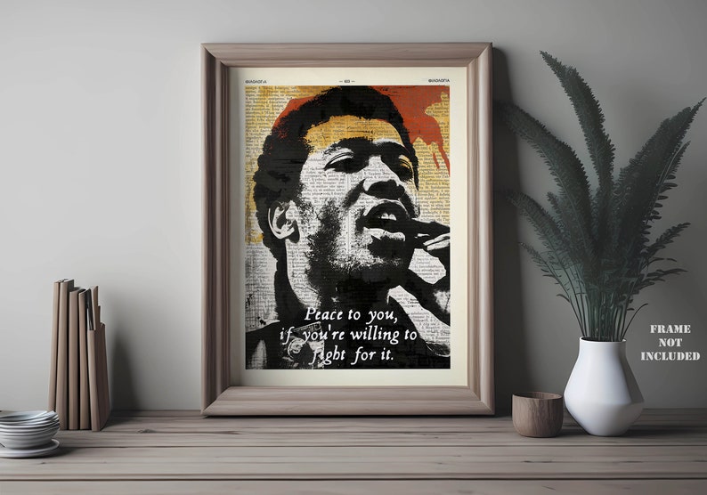 May include: Black and white portrait of a man singing with a newspaper background. The text reads "Peace to you, if you're willing to fight for it."