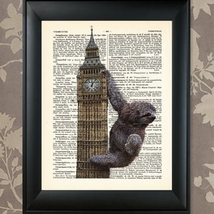 Sloth Taking Over Big Ben / Upcycled Antique Dictionary Art Print / 8.5&quot;x11&quot; (210x280 mm) Poster / Vintage Greek Encyclopedia