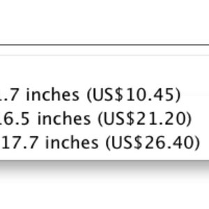 May include: A dropdown menu showing different sizes and prices for prints. The options are A4 Matte 8.3x11.7 inches (US$10.45), A3 Matte 11.7x16.5 inches (US$21.20), and A3+ Satin 12.6x17.7 inches (US$26.40).