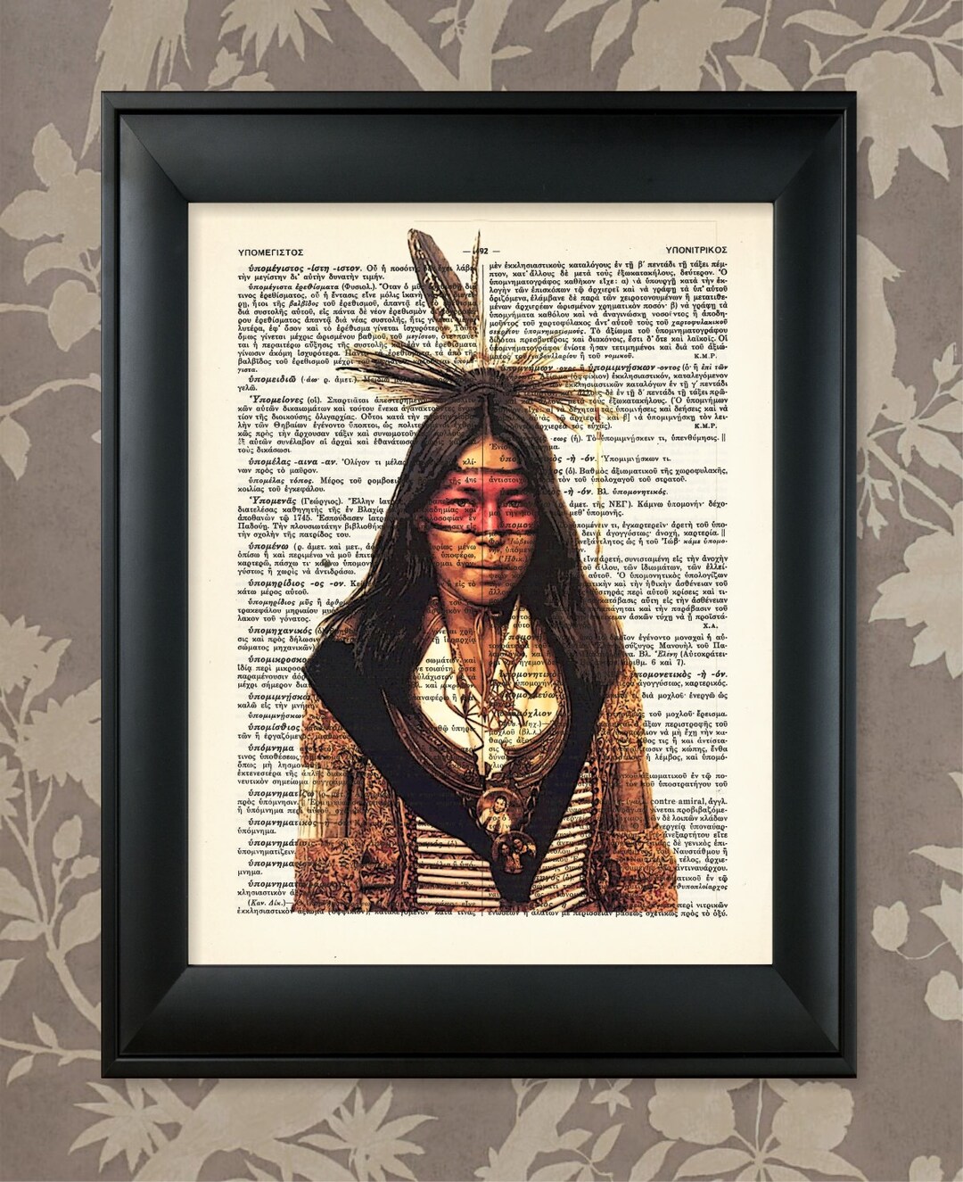 Native American Boy, American Indian Art, Upcycled Dictionary Page