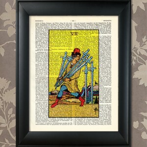 Zeven van zwaarden, Tarot Card Print, Tarot Card Poster, Tarot Print, Tarot kunst, Tarot kunst aan de muur, Tarot Gift, Tarotkaarten, Tarot Deck, Minor Arcana
