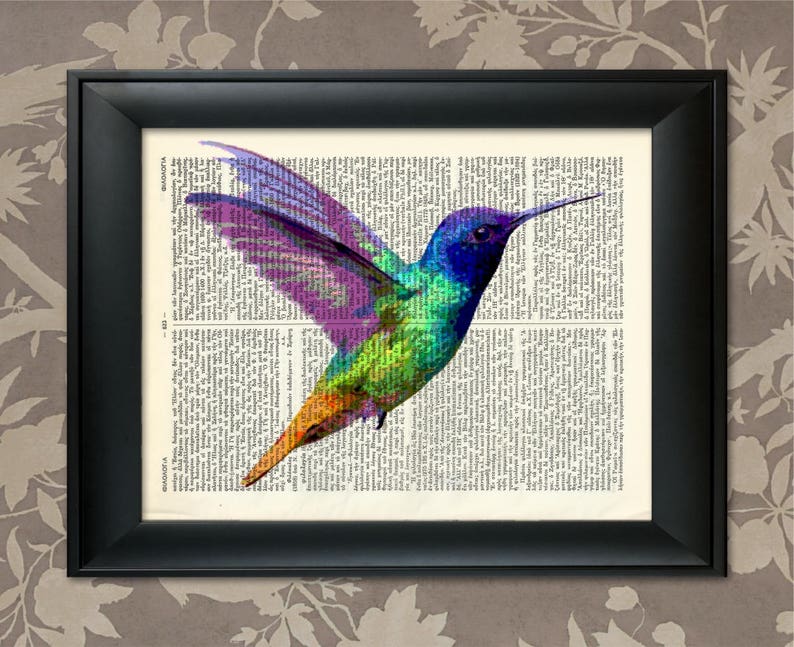 May include: A colorful hummingbird with purple, green, and blue feathers is depicted on a vintage book page. The hummingbird is in flight with its wings spread wide.