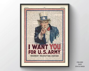 Uncle Sam WWI Print, USA Recruitment Propaganda Poster Retro Wall Hanger living room wall art Decor Inspirational Patriotic gift for him