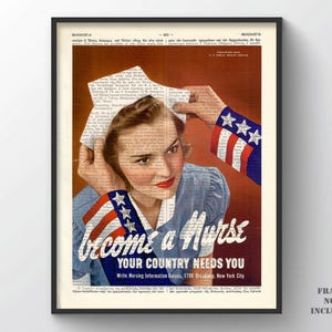 Poster WWII Poster Nurse Recruitment, USA World War 2 Print Wall Hanger Father&#39;s Day Wall Art WWII Decor Vintage Army Patriotic gift for Him