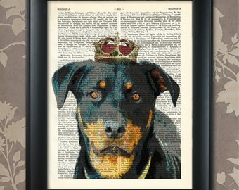 May include: A black and brown Doberman Pinscher dog wearing a gold crown. The dog is looking directly at the viewer. The image is a digital illustration on a vintage book page.