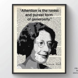 Può includere: Stampa d'arte stampabile in bianco e nero con una citazione di Simone Weil: "L'attenzione è la forma più rara e pura di generosità".