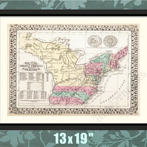 As primeiras 13 colônias, 1776, história americana, América colonial, impressão da história dos EUA, mapa histórico, impressão histórica, presente histórico, decoração