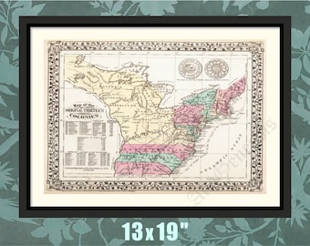 The First 13 Colonies, 1776, American History, Colonial America, US History Print, Historical Map, Historical Print, Historical Gift, Decor