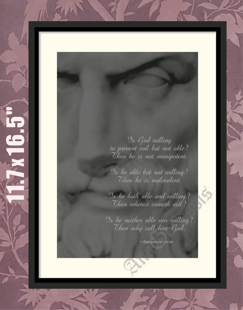 May include: Framed print with a black border and off-white matting. The artwork features a grayscale image of a classical bust and philosophical text. The print measures 11.7 x 16.5 inches.