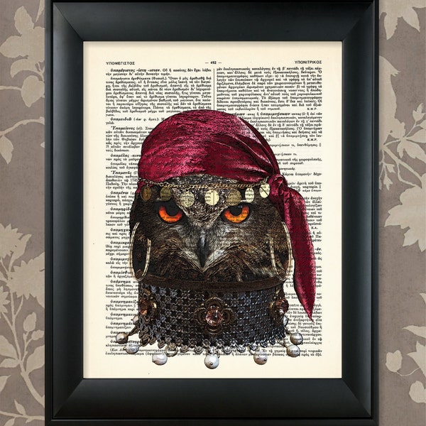 WISE GYPSY OWL / Upcycled Antique Dictionary Art Print / 8.5"x11" (210x280 mm) Poster / Vintage Greek Encyclopedia