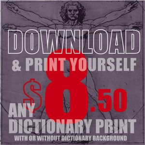 May include: Download and print your own dictionary for $8.50. The image shows a stylized drawing of a man with outstretched arms, with the text "Download & Print Yourself" and "Any Dictionary Print" in white letters. The price is shown in red with a dollar sign.