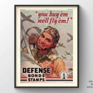 War Bonds History WWII Poster, USA World War 2 Print Wall Hanger Father's Day Wall Art Aviation Decor Vintage Pilot Patriotic gift for him