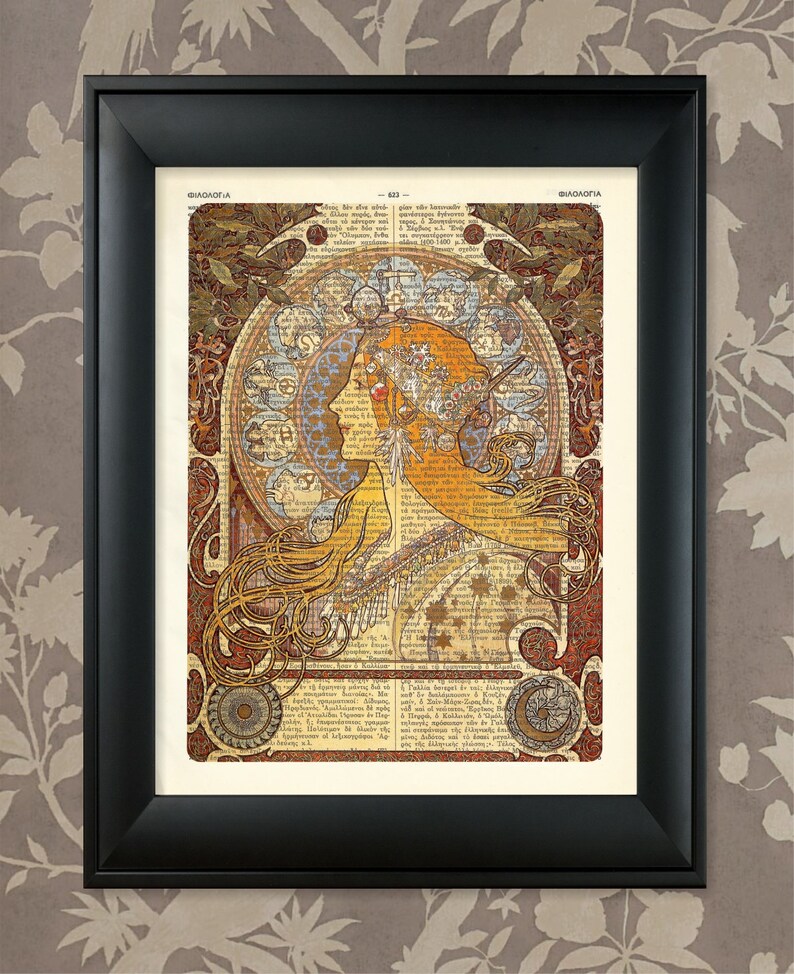 May include: A vintage art nouveau print featuring a woman with flowing golden hair and a crown of flowers. The background is a collage of text and intricate designs in shades of gold, red, and blue.