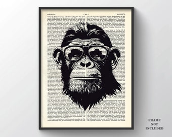 Mizaru Blind Chimp Print, Three Wise Monkeys Wall Art Chimpanzee Decor Ape Poster See No Evil Wall Hanger Office Nikko Japan Mystic Glasses
