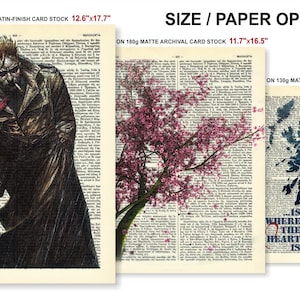 May include: Three different sizes of art prints on paper with a vintage book page background. The first print features a black and white illustration of a man in a trench coat. The second print features a pink cherry blossom tree. The third print features a blue map of Scotland with the words "Home" and "Where the heart is" in red.