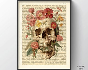 Vintage Floral Skull Print, Antique Giclee Poster Botanical wall art Living room Decor Office Gift Anatomy Gallery wall workshop wall hanger