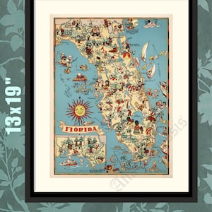 Florida 1935, picturale kaart, Florida geschiedenis kunst, Florida kaart afdrukken, decor van Florida, historische kaart, historische print, historische kunst