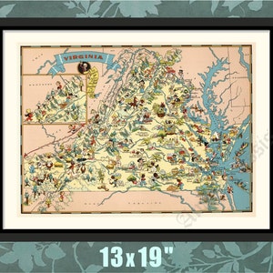 Virginia 1935, Pictorial Map, Virginia History Art, Virginia Map Print, Virginia Decor, Historical Map, Historical Print, Historical Art