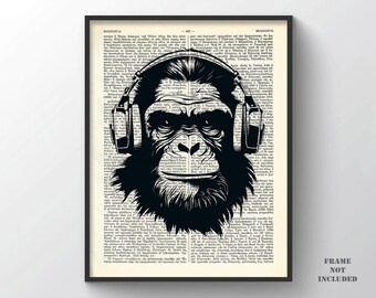 Kikazaru Deaf Chimp Print, Three Wise Monkeys Wall Art Chimpanzee Decor Ape Poster Hear No Evil Wall Hanger Office Nikko Japan Mystic Glasse