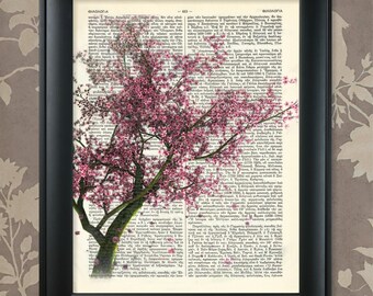 Cherry Blossom Tree, Pink Sakura / Upcycled Dictionary Art Print Antique / Cherry Blossom Print, Sakura Print / Vintage Greek Encyclopedia