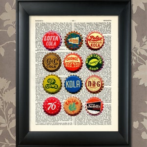 Tapas de botellas de refrescos vintage, impresión de refrescos, arte de botellas de refrescos, arte pop de refrescos, cartel de botellas de refrescos, tapas de botellas de refrescos, cerveza vintage, decoración de bar, cocina