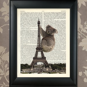 Koala Taking Over The Eiffel Tower / Upcycled Antique Dictionary Art Print / 8.5&quot;x11&quot; (210x280 mm) Poster / Vintage Greek Encyclopedia