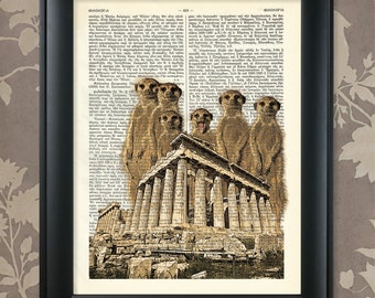Surykatki przejmują Partenon / Upcycled Antique Dictionary Art Print / 8.5"x11" (210 x 280 mm) Plakat / Vintage Greek Encyclopedia