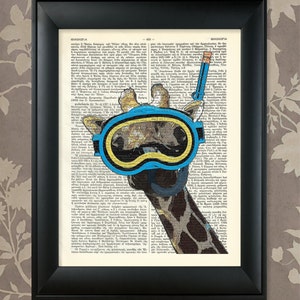Giraffe Wearing Snorkle / Upcycled Dictionary Antique Art Print / 8.5&quot;x11&quot; (210x280 mm) / Vintage Greek Encyclopedia Poster