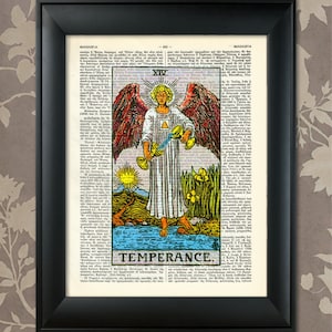 May include: A vintage tarot card illustration of Temperance, the 14th card in the Major Arcana. The card features a winged angel pouring water from two golden cups into a single cup. The angel is standing in a stream of water with a green landscape behind them. The card is surrounded by text in a vintage font.
