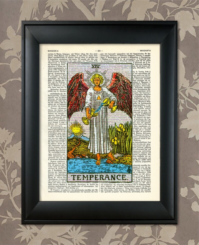 May include: A vintage tarot card illustration of Temperance, the 14th card in the Major Arcana. The card features a winged angel pouring water from two golden cups into a single cup. The angel is standing in a stream of water with a green landscape behind them. The card is surrounded by text in a vintage font.