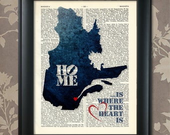May include: A blue and white print of the state of Ohio with the words "Home is where the heart is" and a red heart in the centre. The print is on a vintage book page background.