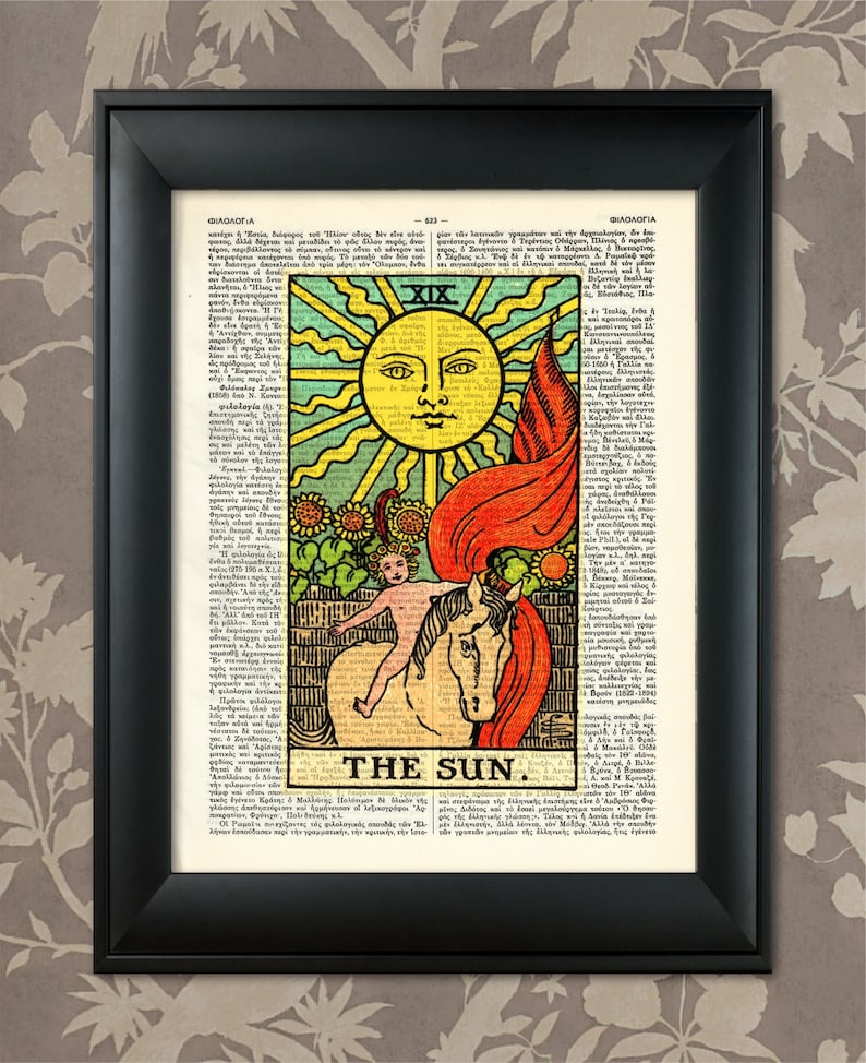 May include: The Sun tarot card from the Rider-Waite deck. The card features a yellow sun with a face, a child riding a white horse, and sunflowers in the background. The card is surrounded by text in a vintage style.