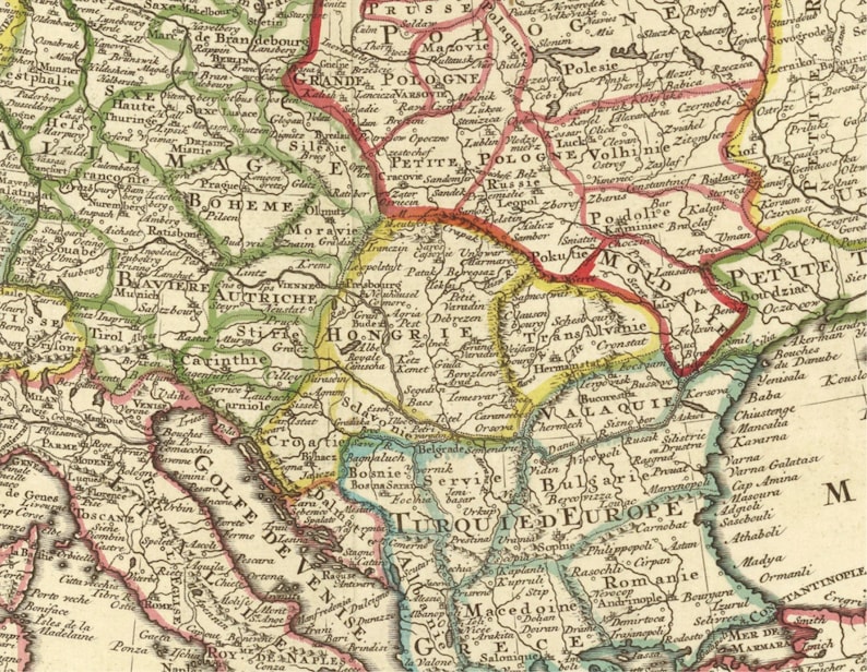 May include: A vintage map of Europe from the 18th century, showing the borders of various countries and regions. The map is hand-colored and features detailed geographical features, including rivers, mountains, and cities. The map is titled "Turquie d'Europe" and includes text in French.