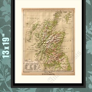 May include: An antique map of Scotland, printed in brown, green, and black ink on cream paper. The map shows the physical features of the country, including mountains, rivers, and lakes. The map is framed in a black frame.