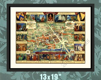 May include: A vintage map of Stratford-upon-Avon, England, featuring illustrations of William Shakespeare's plays and characters. The map is surrounded by a black frame and has a white background. The text "STRATFORD-UPON-AVON" is printed in red at the bottom of the map. The map is 13 inches by 19 inches.
