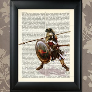May include: A framed print of a vintage book page with an illustration of a Greek warrior holding a spear and shield. The text on the page is in Greek and reads "&Phi;&Iota;&Lambda;&Omicron;&Lambda;&Omicron;&Gamma;&Iota;&Alpha;".