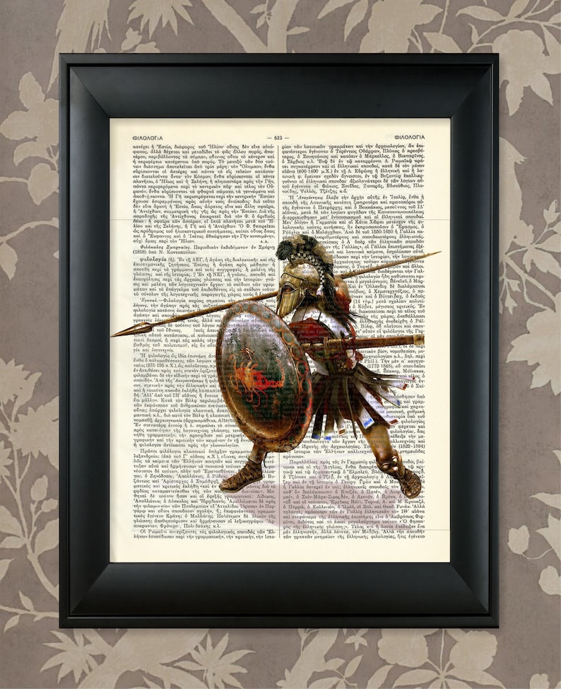 May include: A framed print of a vintage book page with an illustration of a Greek warrior holding a spear and shield. The text on the page is in Greek and reads "&Phi;&Iota;&Lambda;&Omicron;&Lambda;&Omicron;&Gamma;&Iota;&Alpha;".