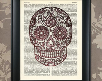 Day Of The Dead skull / Día de los Muertos Poster2 / Upcycled Dictionary Antique book page Art Print /8.5"x11") / Vintage Greek Encyclopedia