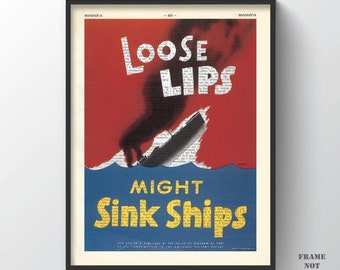 Loose Lips Propaganda Poster, USA World War II Print Wall Hanger Father's day wall art WWII Decor Inspirational Patriotic gift for him